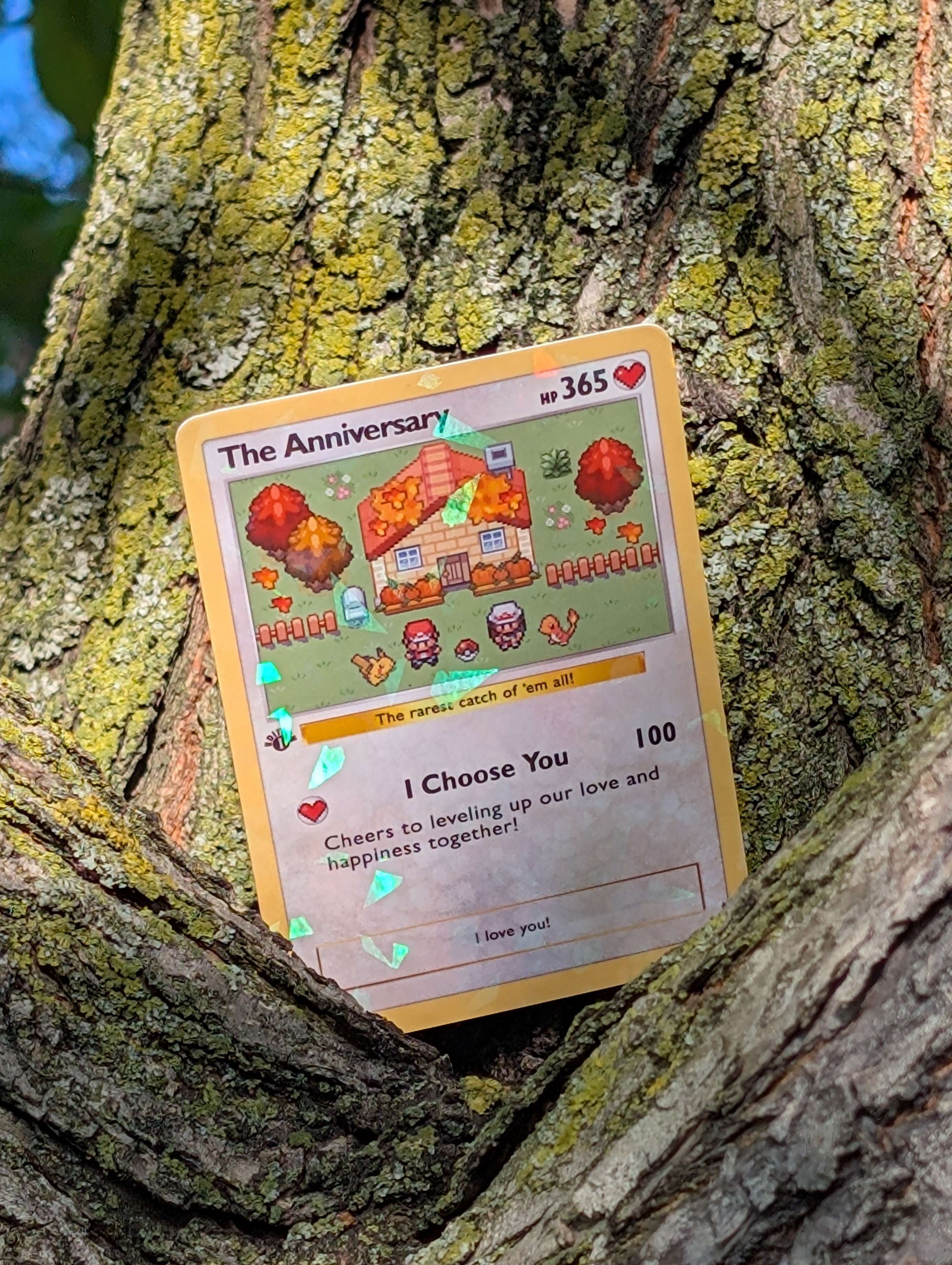 Custom collectible card sitting on an Autumn tree